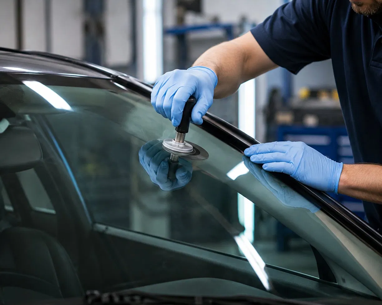 Técnico de vidrio automotriz realizando reparación de parabrisas en Dallas